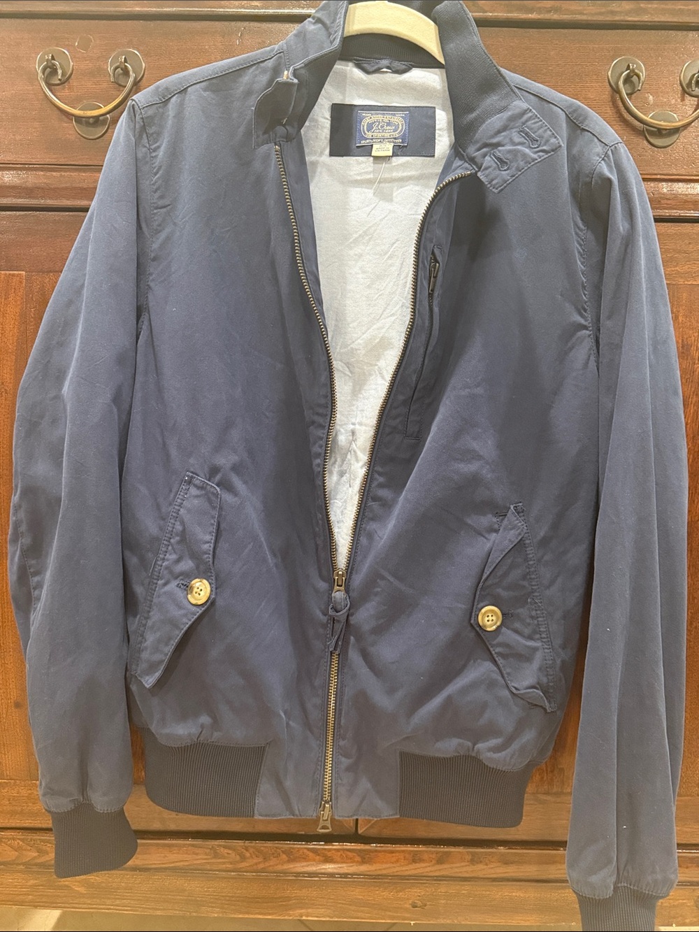 J. Crew Navy Lightweight Harrington Jacket with zipper and tortoise shell button